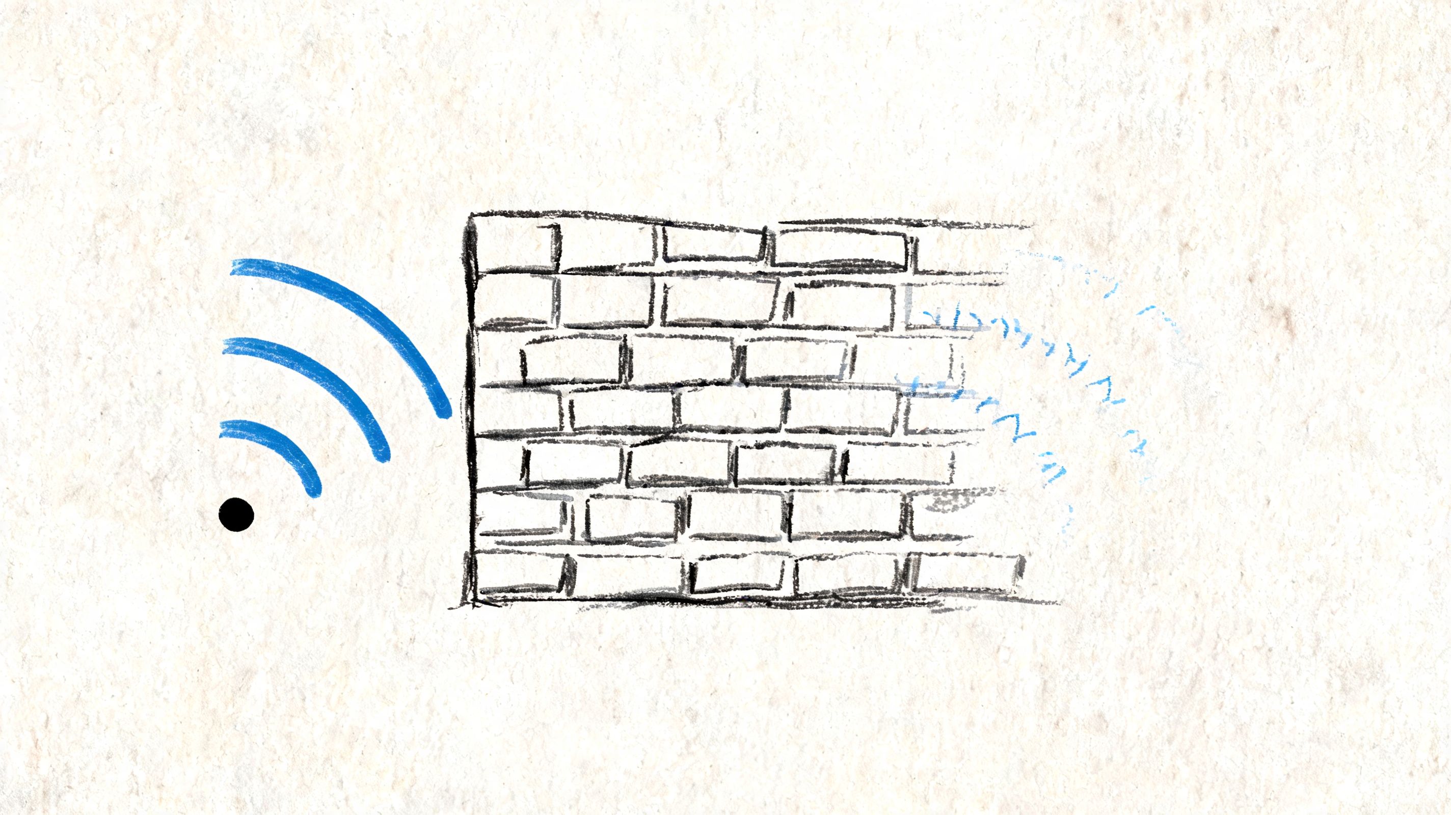 A conceptual drawing showing blue wireless signal waves struggling to penetrate a thick brick wall.