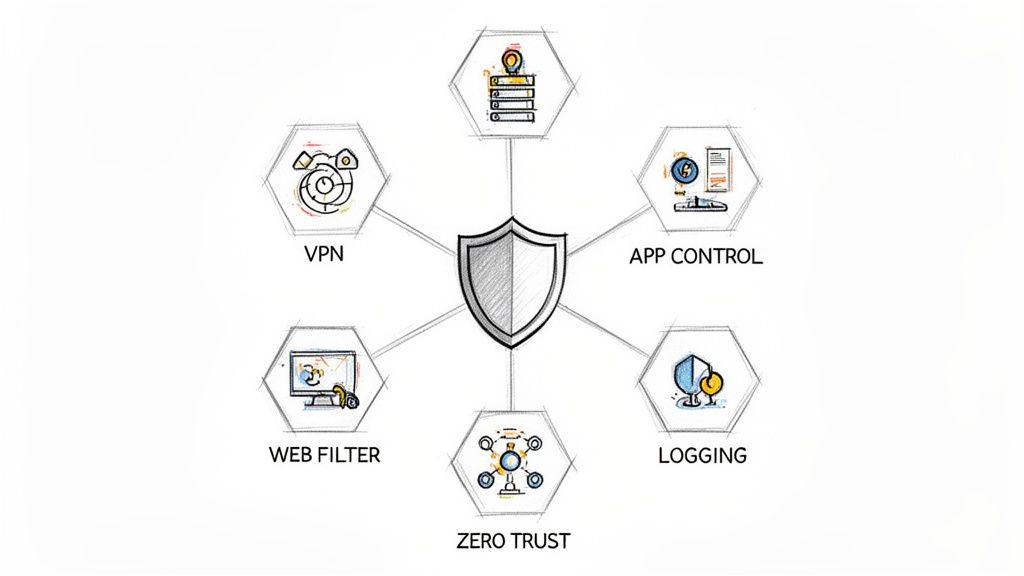 A network security diagram with a central shield icon connected to VPN, App Control, Logging, Zero Trust, and Web Filter.