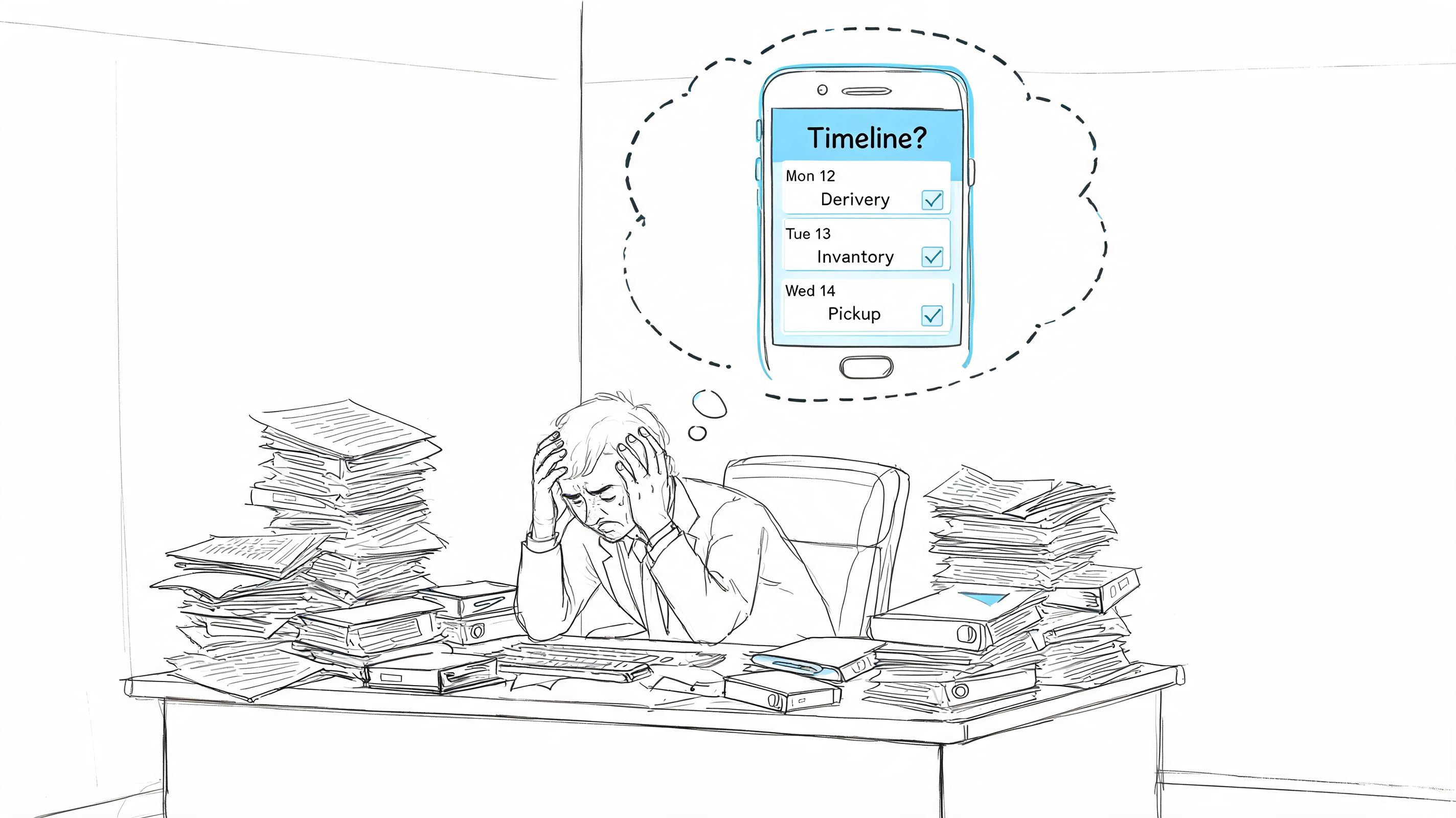 A stressed businessman sitting at a cluttered desk thinking about a mobile app development timeline.