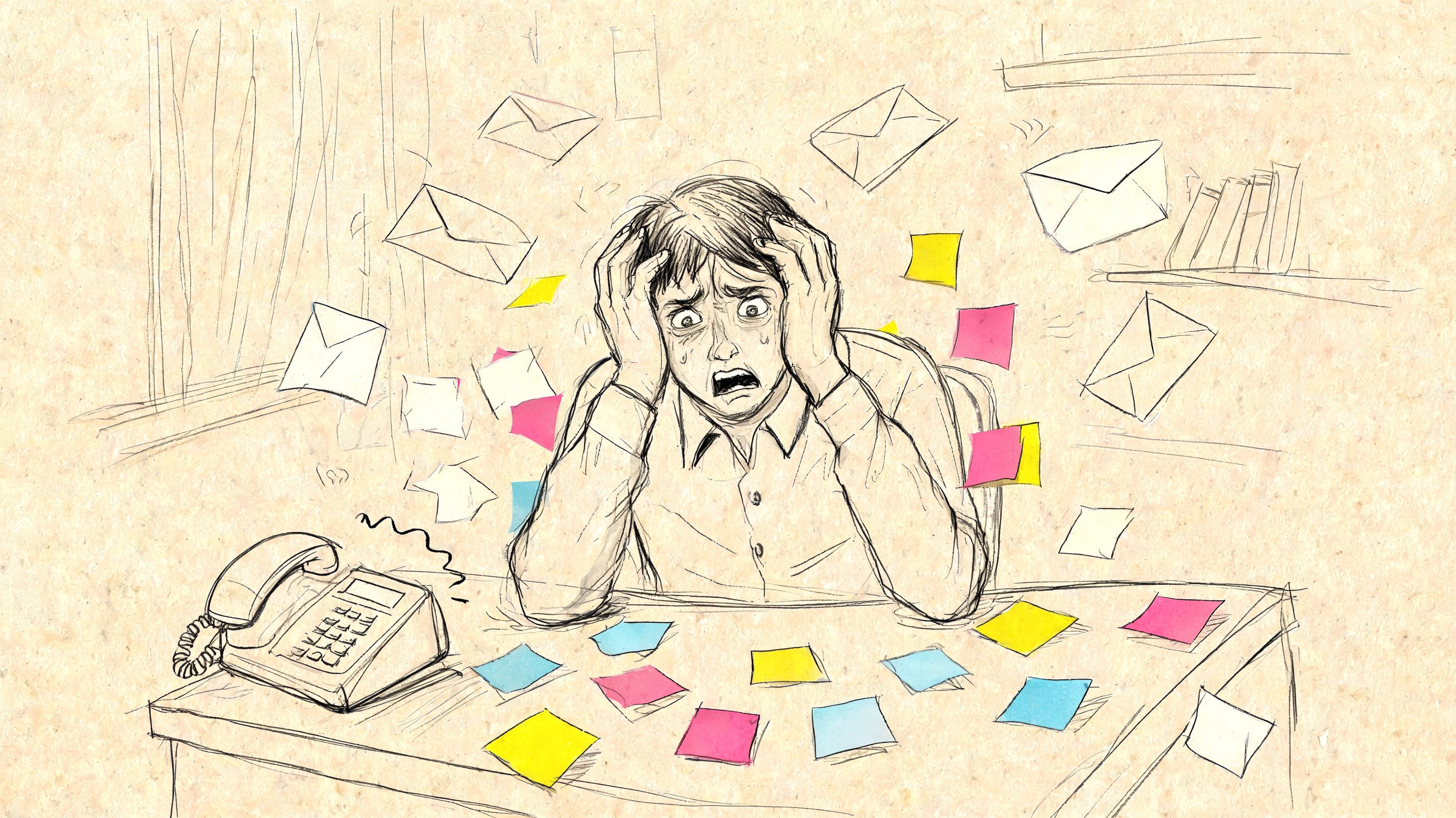 An overwhelmed office worker clutching their head surrounded by flying mail and numerous colorful sticky notes.