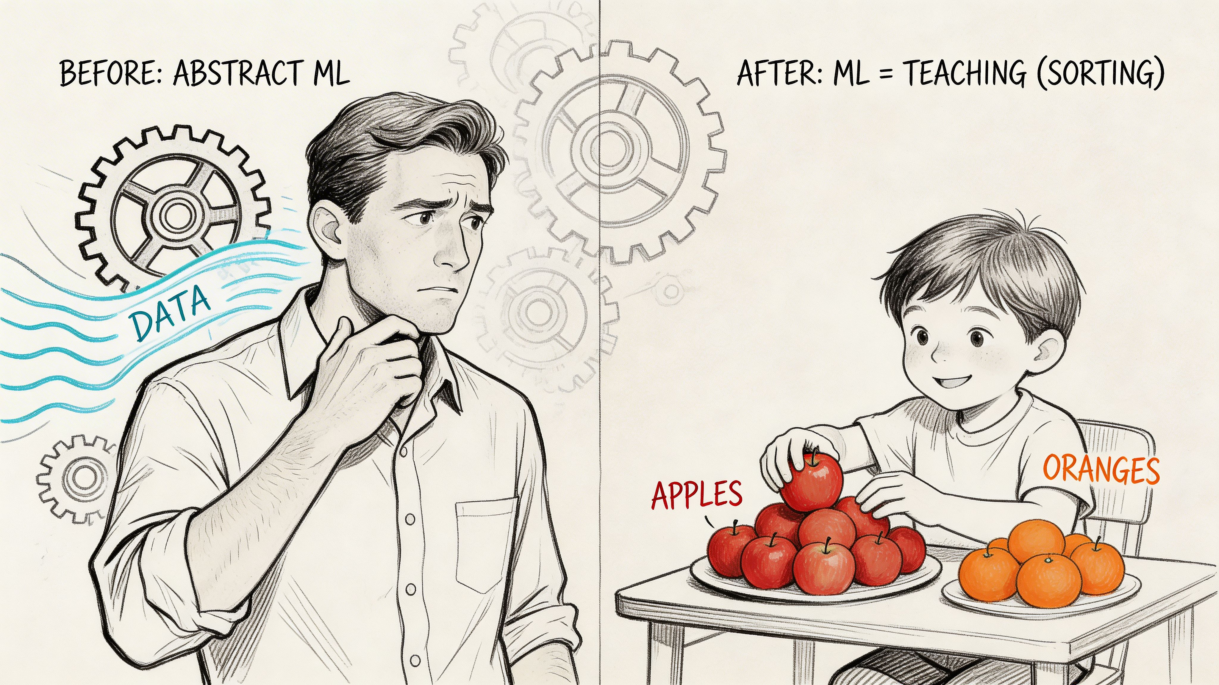 A split illustration comparing complex machine learning concepts with a simple teaching metaphor of sorting fruit.
