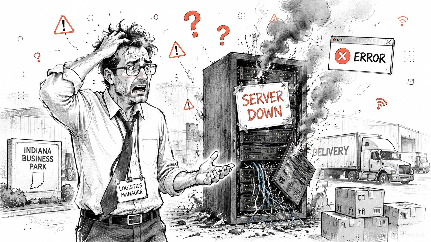 A stressed logistics manager standing in front of a smoking and broken server rack at a business park.
