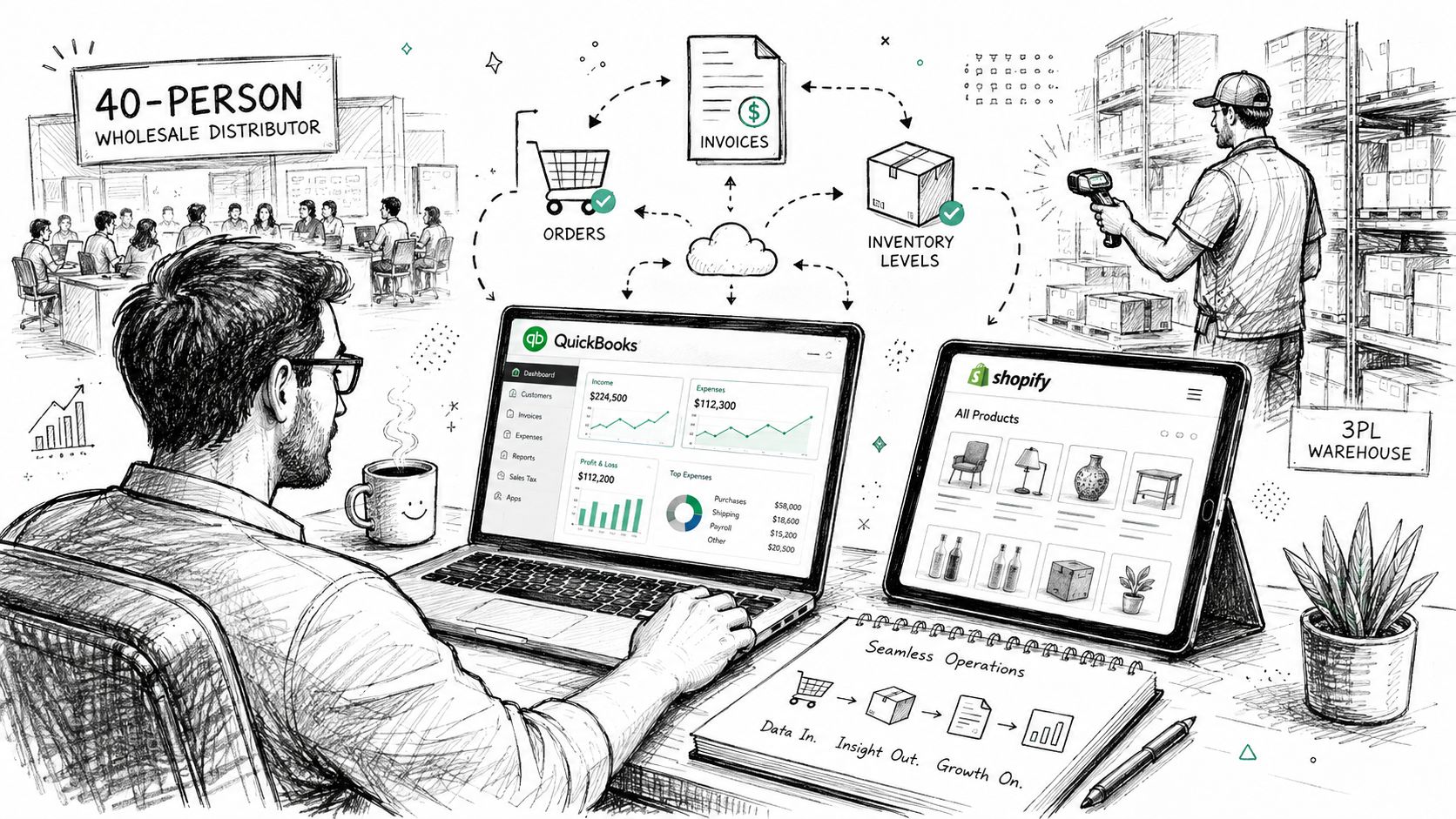 An illustration showing business systems integration between QuickBooks and Shopify for a 40-person wholesale distributor.