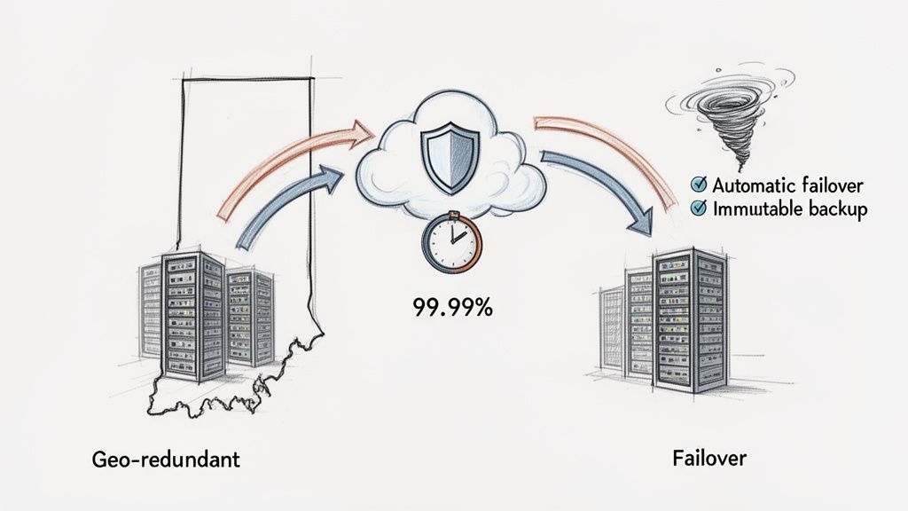 Diagram illustrating geo-redundant data centers, cloud failover, and immutable backup for 99.99% uptime and disaster recovery.
