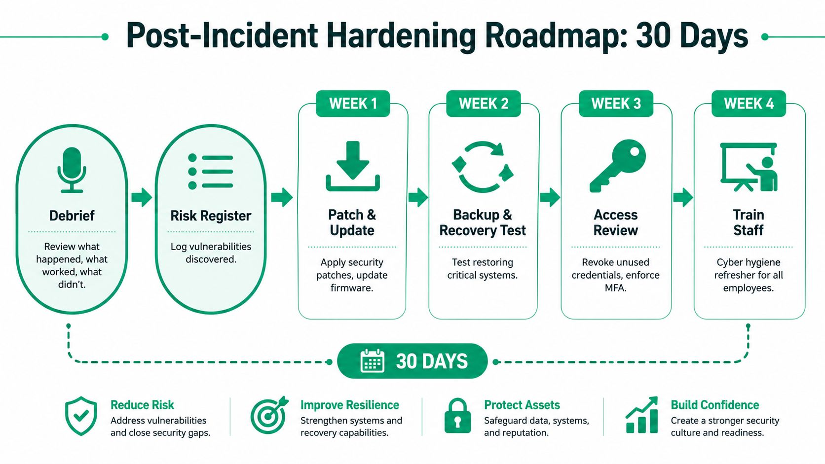 A 30-day post-incident hardening roadmap infographic showing steps for recovery, security patching, and staff training.