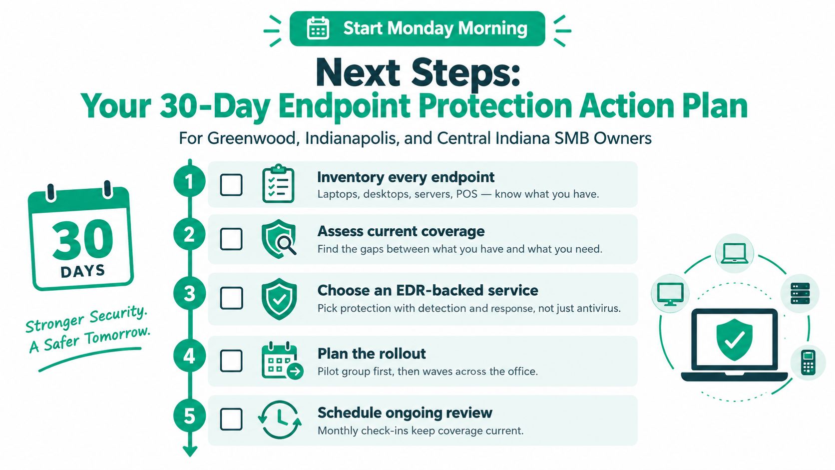 A 30-day endpoint protection action plan infographic for small business owners outlining five key security steps.