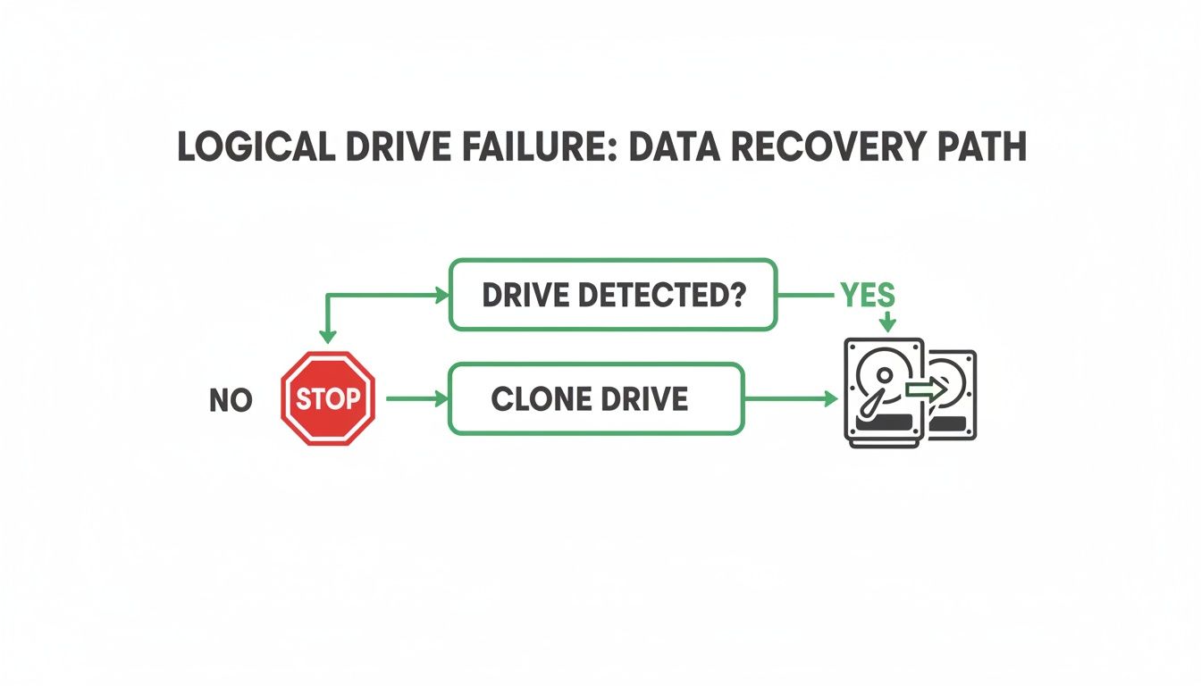 Flowchart illustrating the data recovery path for a logical drive failure, including detection, cloning, and stop points.