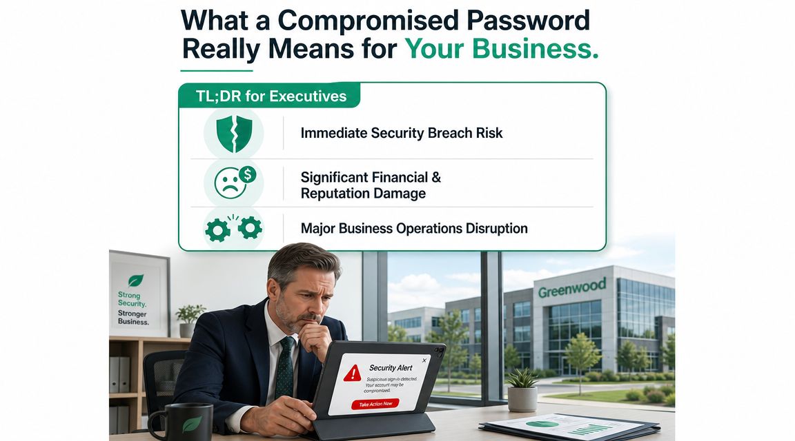 A concerned executive looking at a security alert notification on a tablet about a compromised business password.