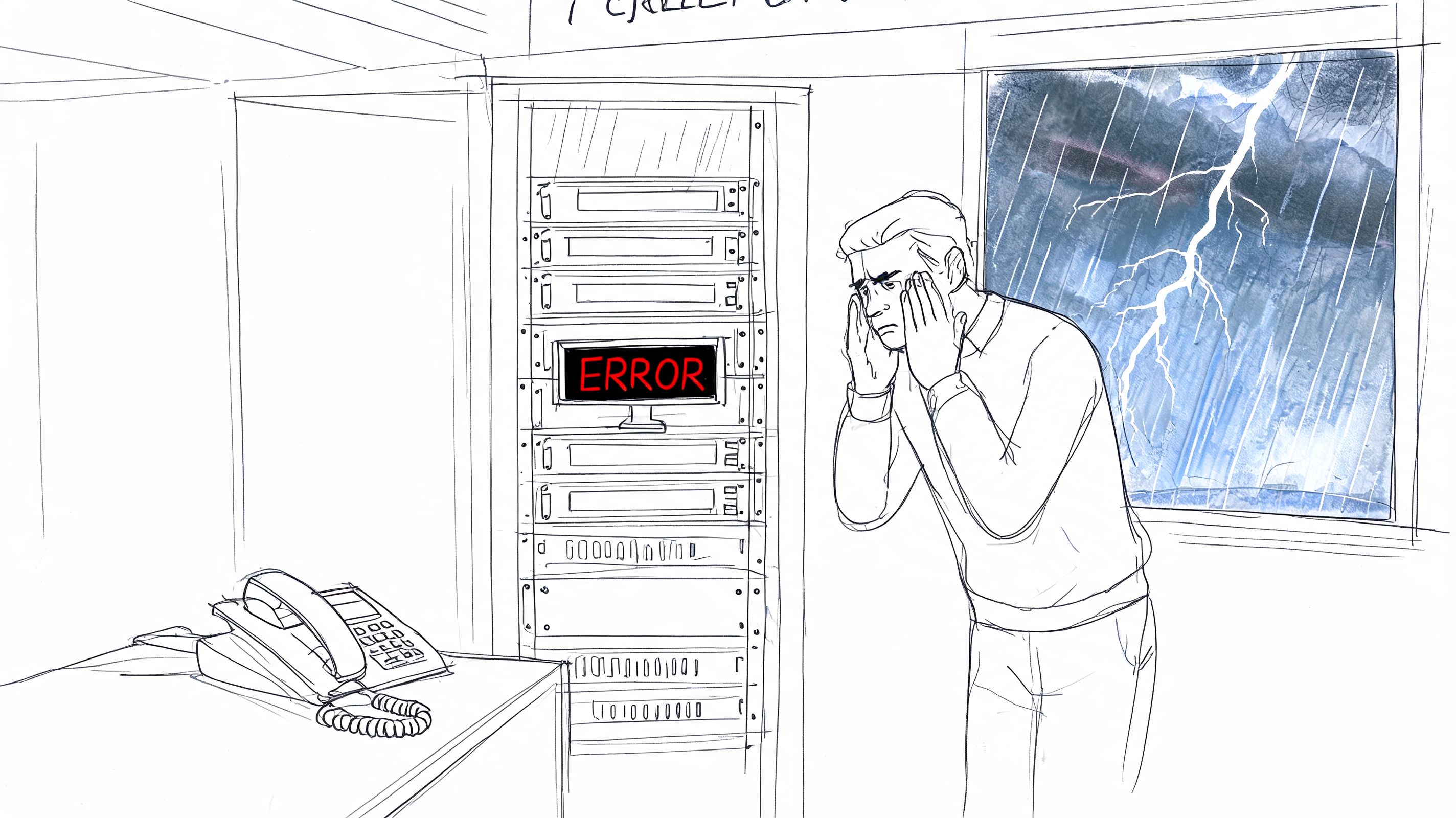 A stressed man holding his head in front of server racks displaying an error message during storm.