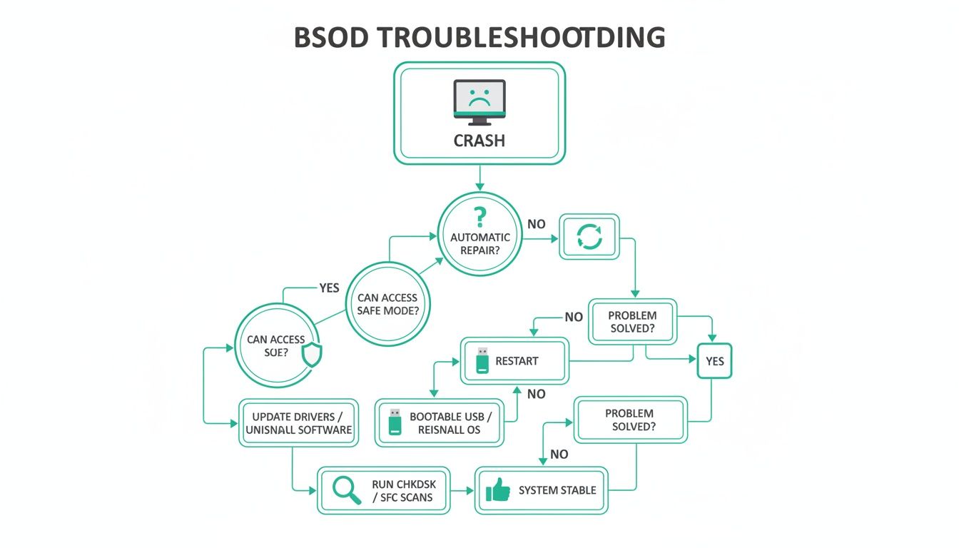 Flowchart illustrating a step-by-step guide for troubleshooting Blue Screen of Death (BSOD) issues.