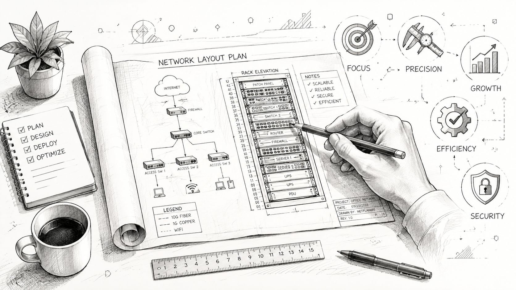 A hand sketching a network layout plan including rack elevation and connectivity diagrams on a desk.