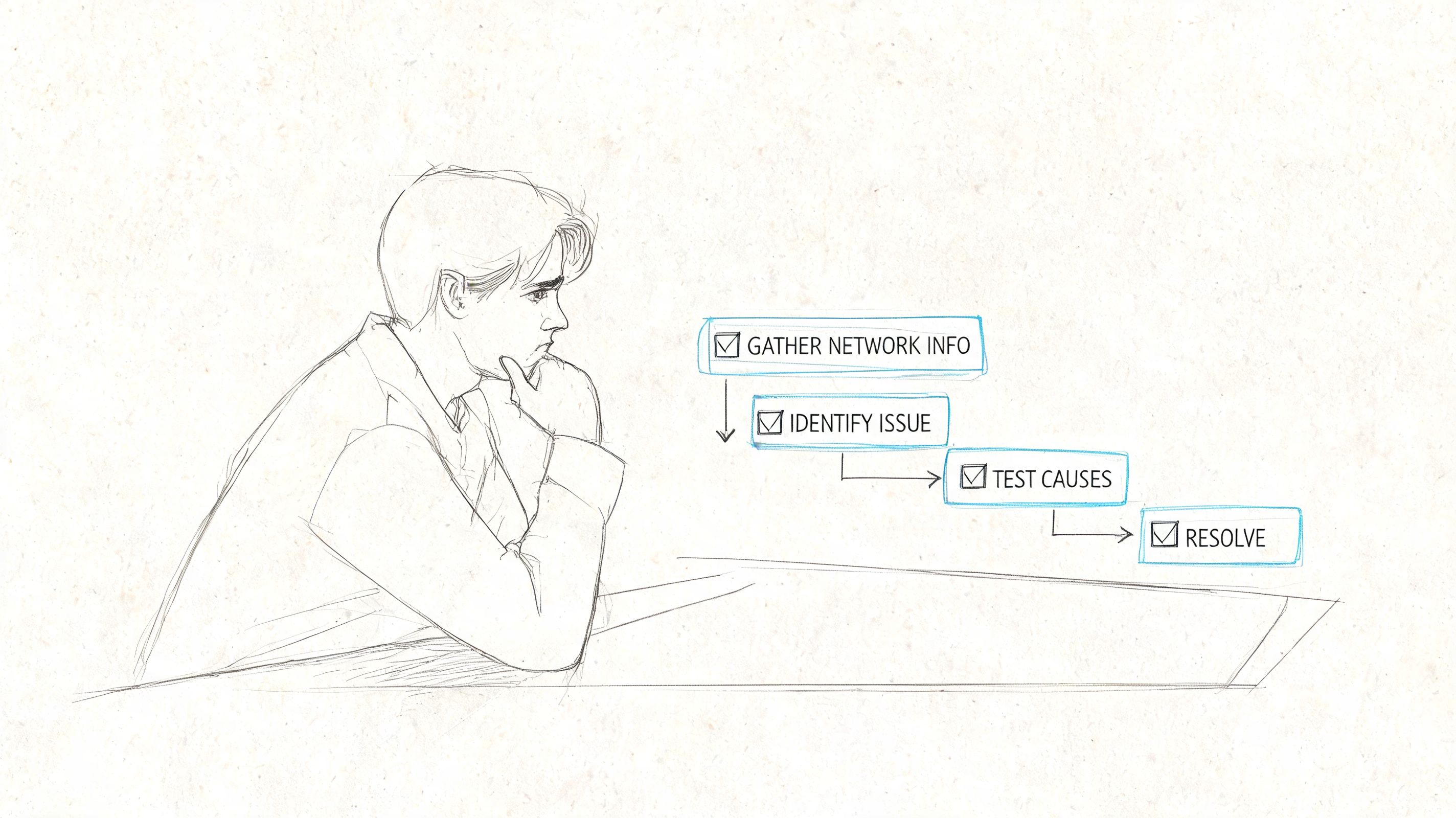 A hand-drawn sketch of a man thinking, next to a flowchart describing network troubleshooting steps.