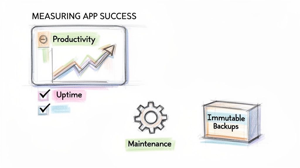 Visual representation of app success metrics including productivity, uptime, maintenance, and immutable backups.