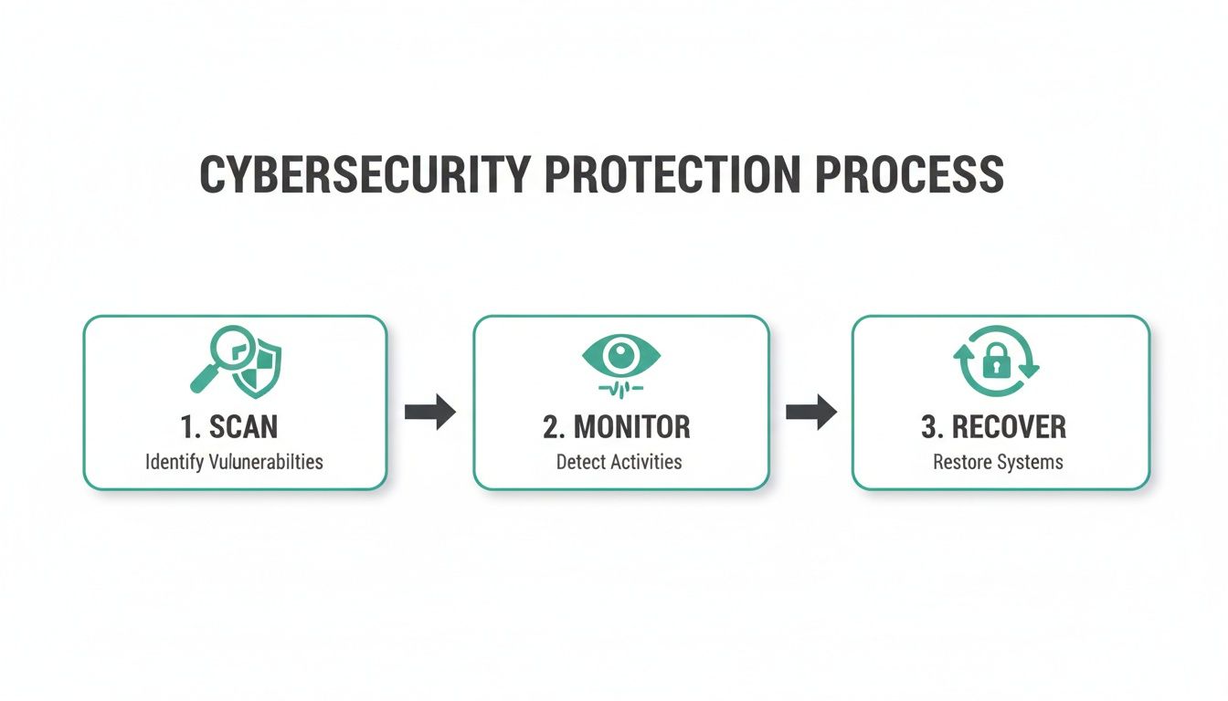 Diagram illustrating the cybersecurity protection process: scan vulnerabilities, monitor activities, and recover systems.