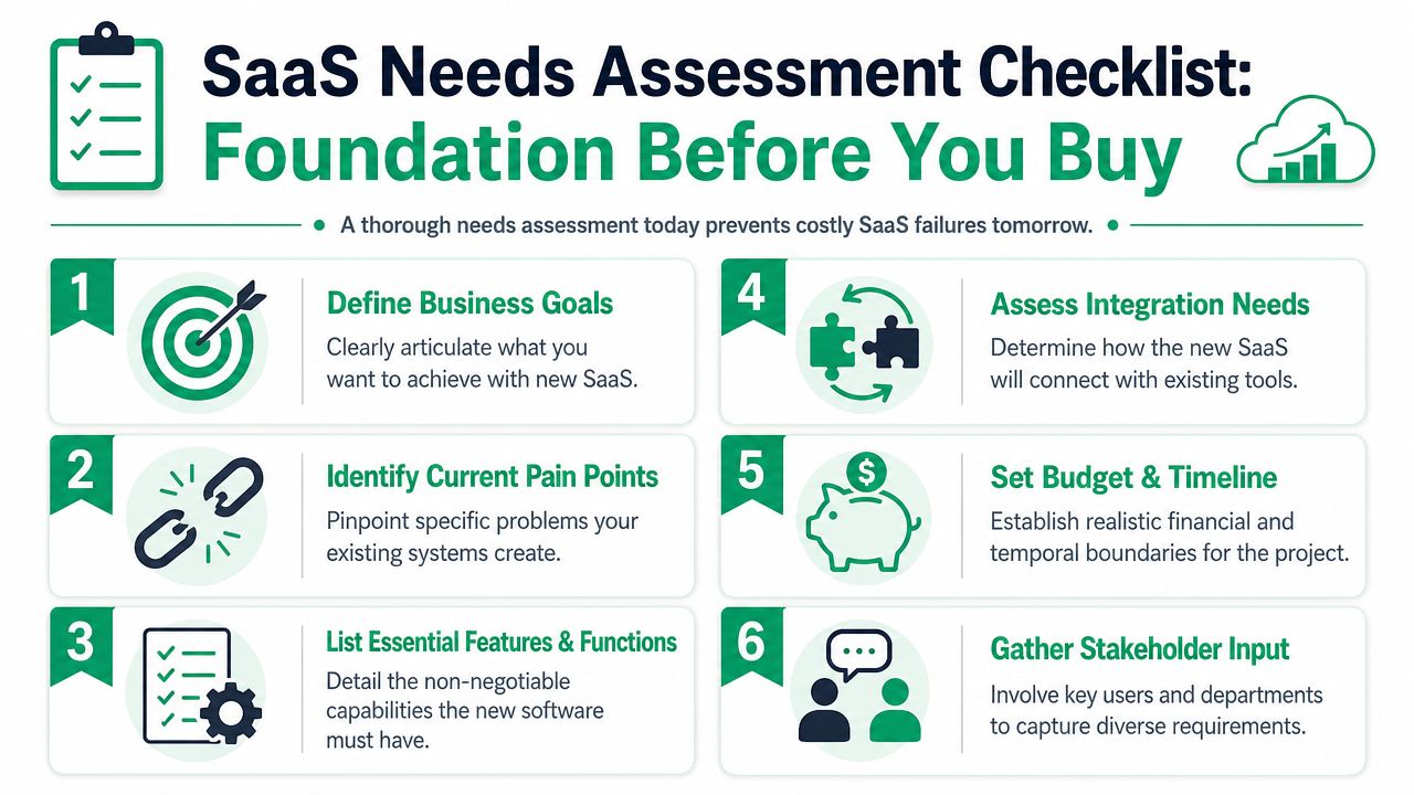 A six-step checklist infographic titled SaaS Needs Assessment for evaluating software before making a purchase.