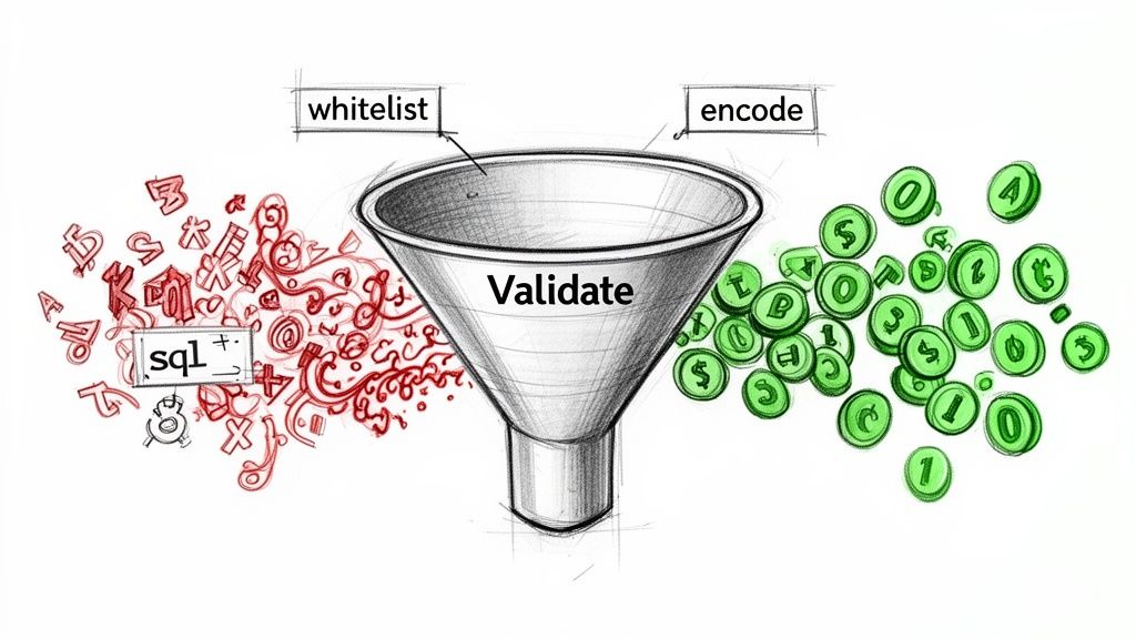 A security diagram showing a funnel validating untrusted input (like SQL) into safe, encoded output.