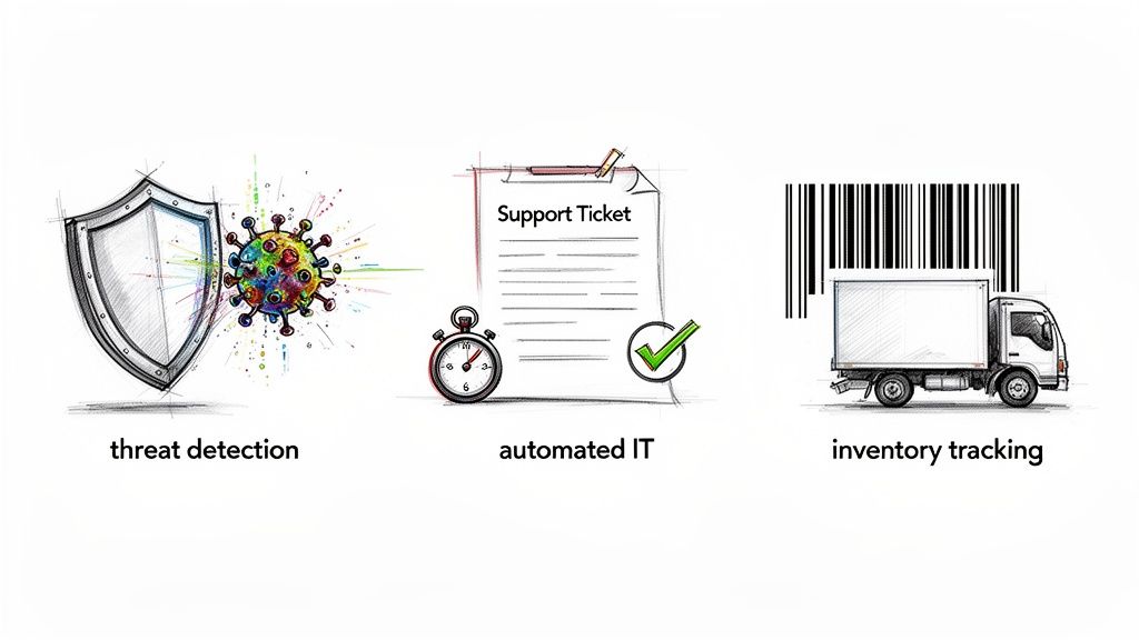 Illustrations depicting threat detection, automated IT support via a support ticket, and inventory tracking with a truck.