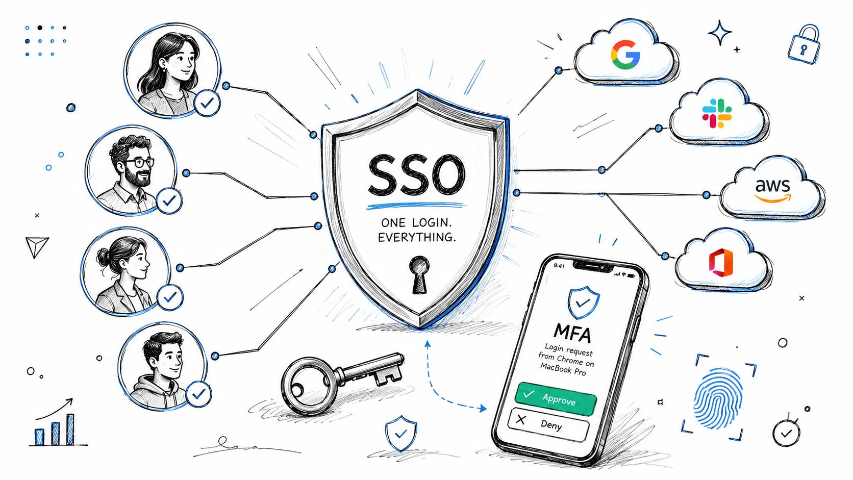 A hand-drawn illustration showing SSO and MFA concepts connecting users to various cloud services and applications.