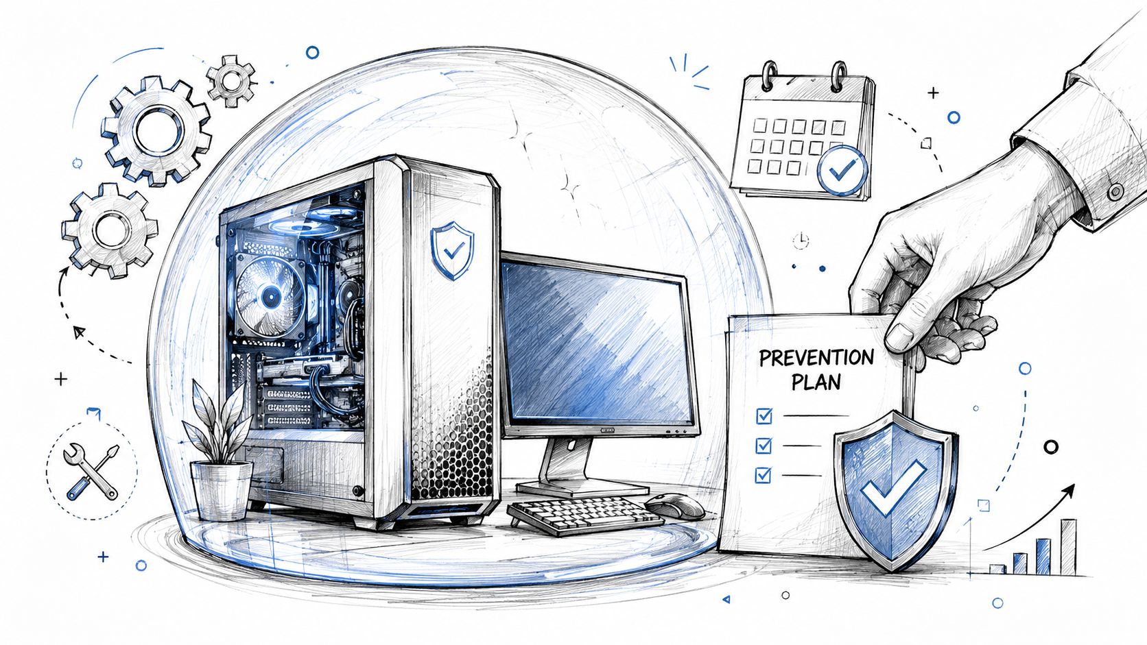A pencil sketch of a computer setup protected by a bubble, depicting a prevention plan and maintenance.