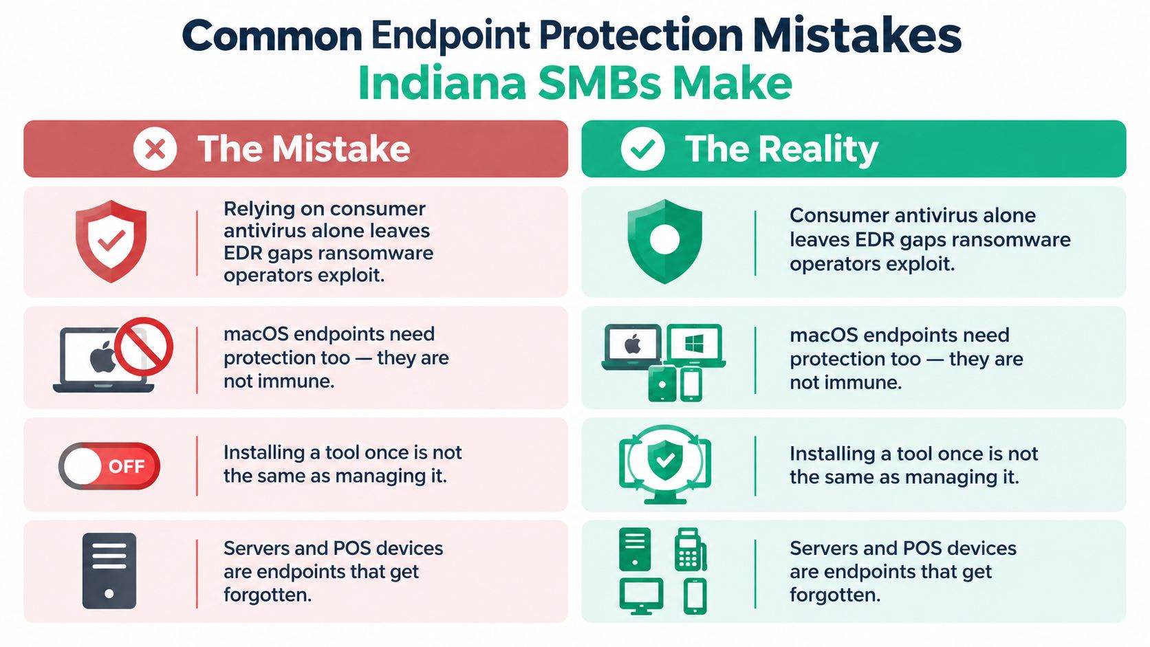 A comparison chart showing common endpoint protection mistakes and realities for small to medium businesses.