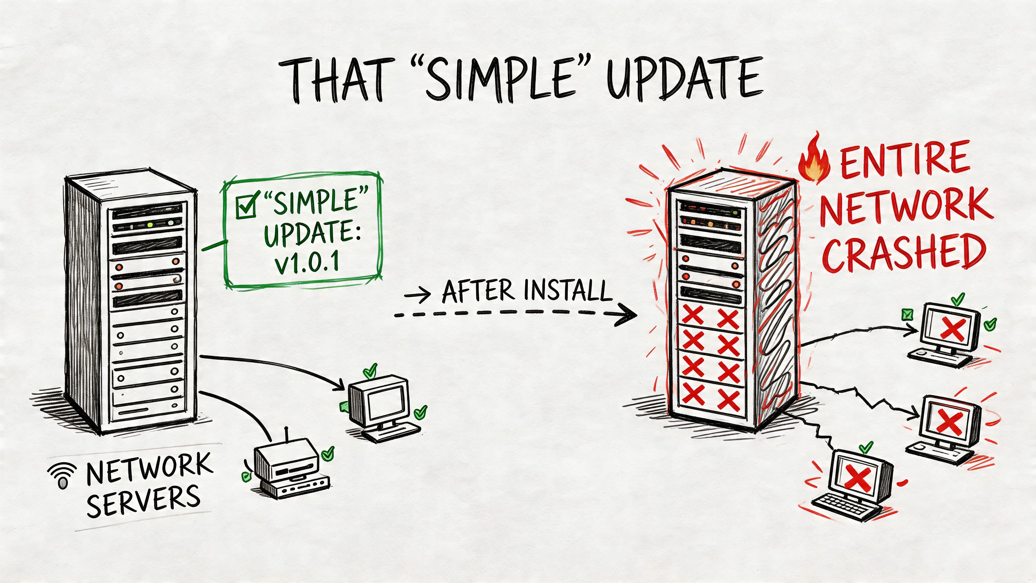 A hand-drawn illustration showing a server update causing a total network failure and computer system crash.