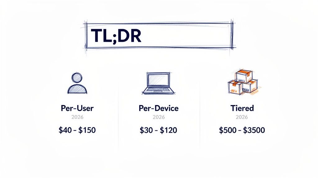 An infographic showing TL;DR of pricing models: Per-User, Per-Device, and Tiered, with 2026 prices.