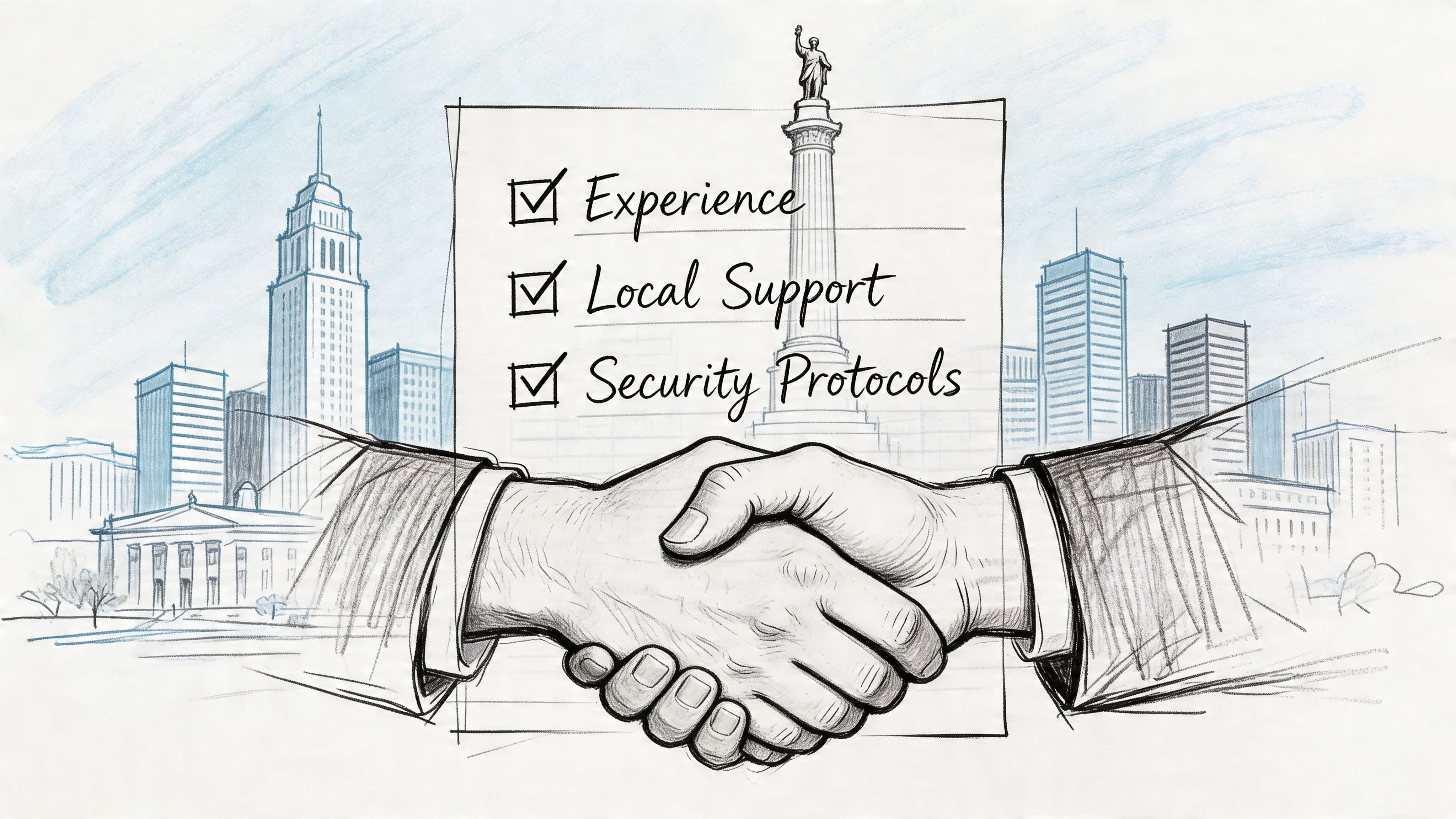 A sketched illustration of a handshake in front of a checklist with business security and support concepts.