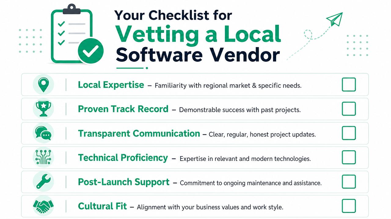 A checklist infographic outlining key factors for vetting a professional local software development vendor.