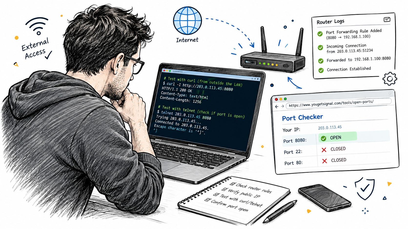 A technical illustration of a person configuring port forwarding on a router and verifying network connectivity.