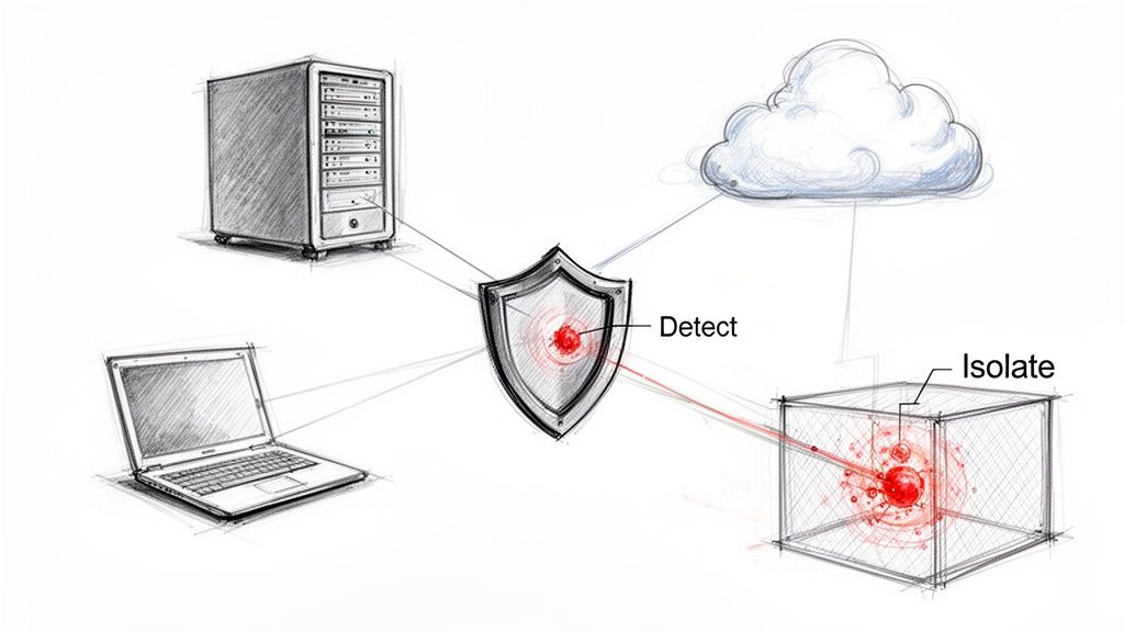 A diagram illustrates a cybersecurity system detecting a red threat and isolating it from a server, laptop, and cloud.