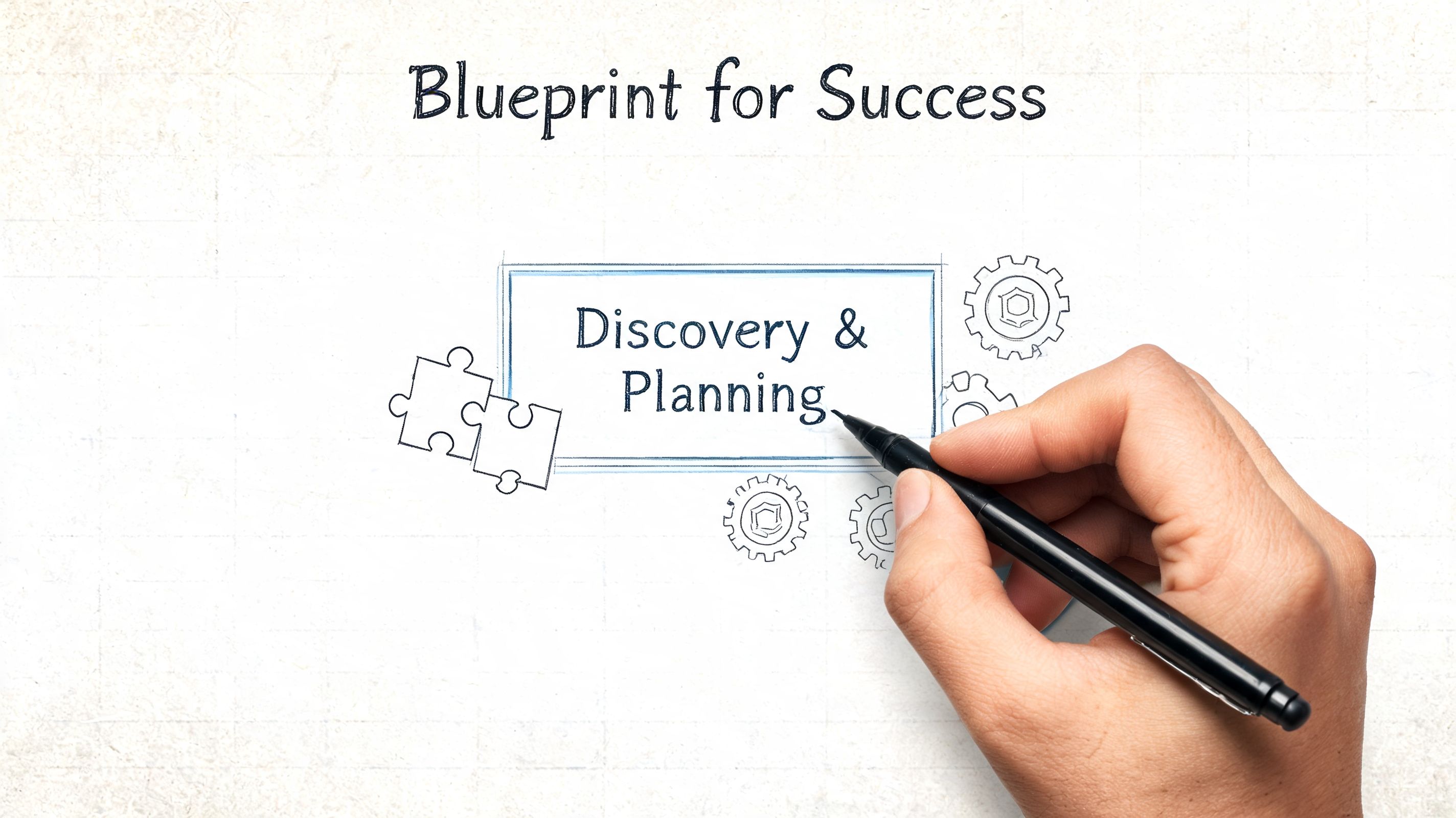 A hand drawing a blueprint for success with the words Discovery and Planning on a white background.