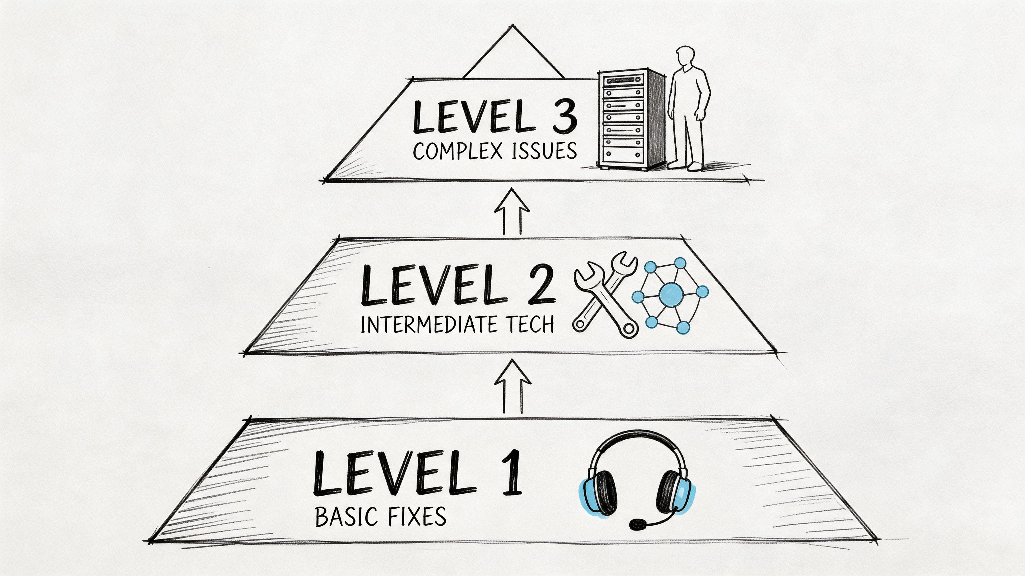 A hierarchical diagram illustrating the three levels of IT service desk support: basic, intermediate, and complex.