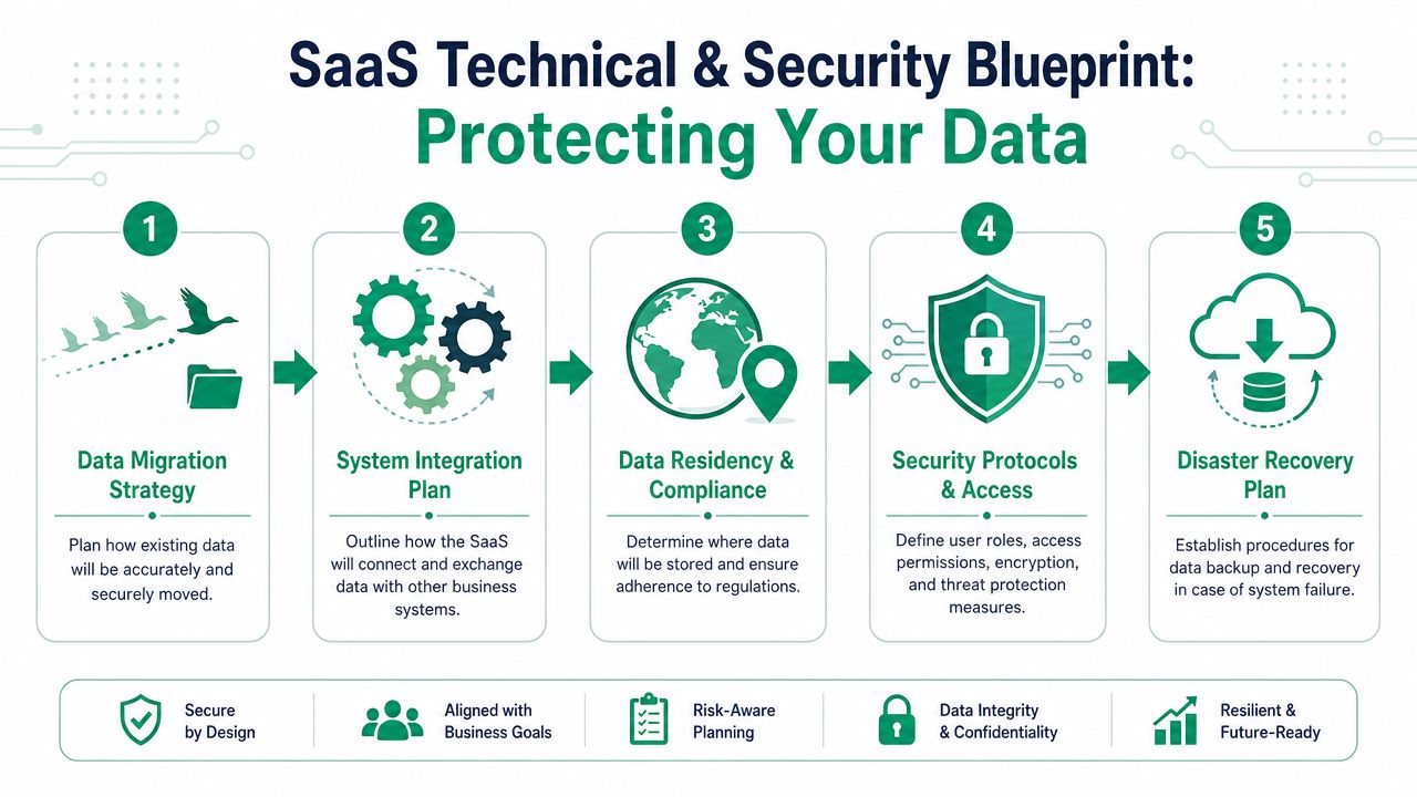 A flowchart showing five key steps for a SaaS technical and security implementation and data protection strategy.