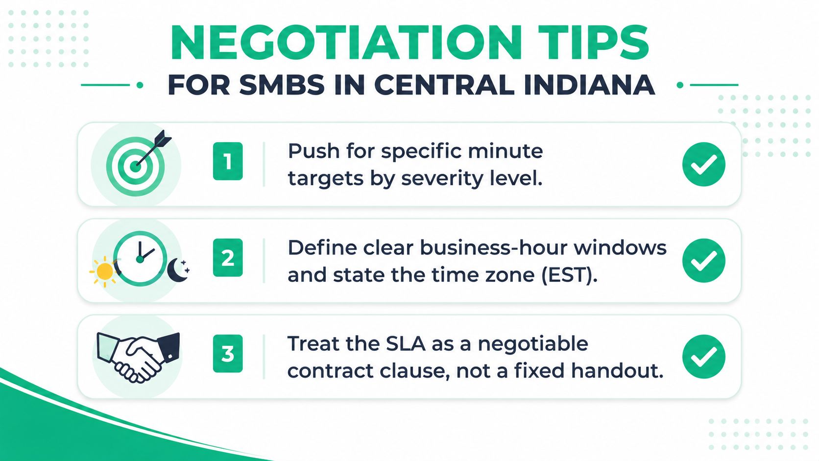A list of three negotiation tips for small businesses in Central Indiana regarding service level agreements.