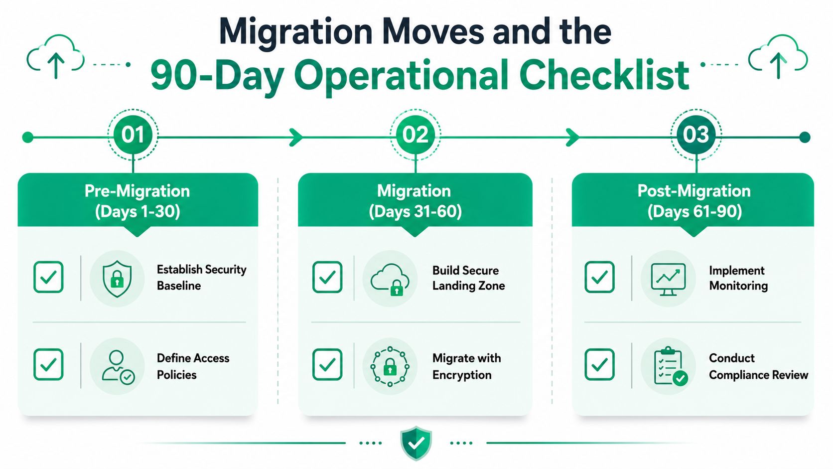 A 90-day operational checklist for cloud migration featuring pre-migration, migration, and post-migration security phases.