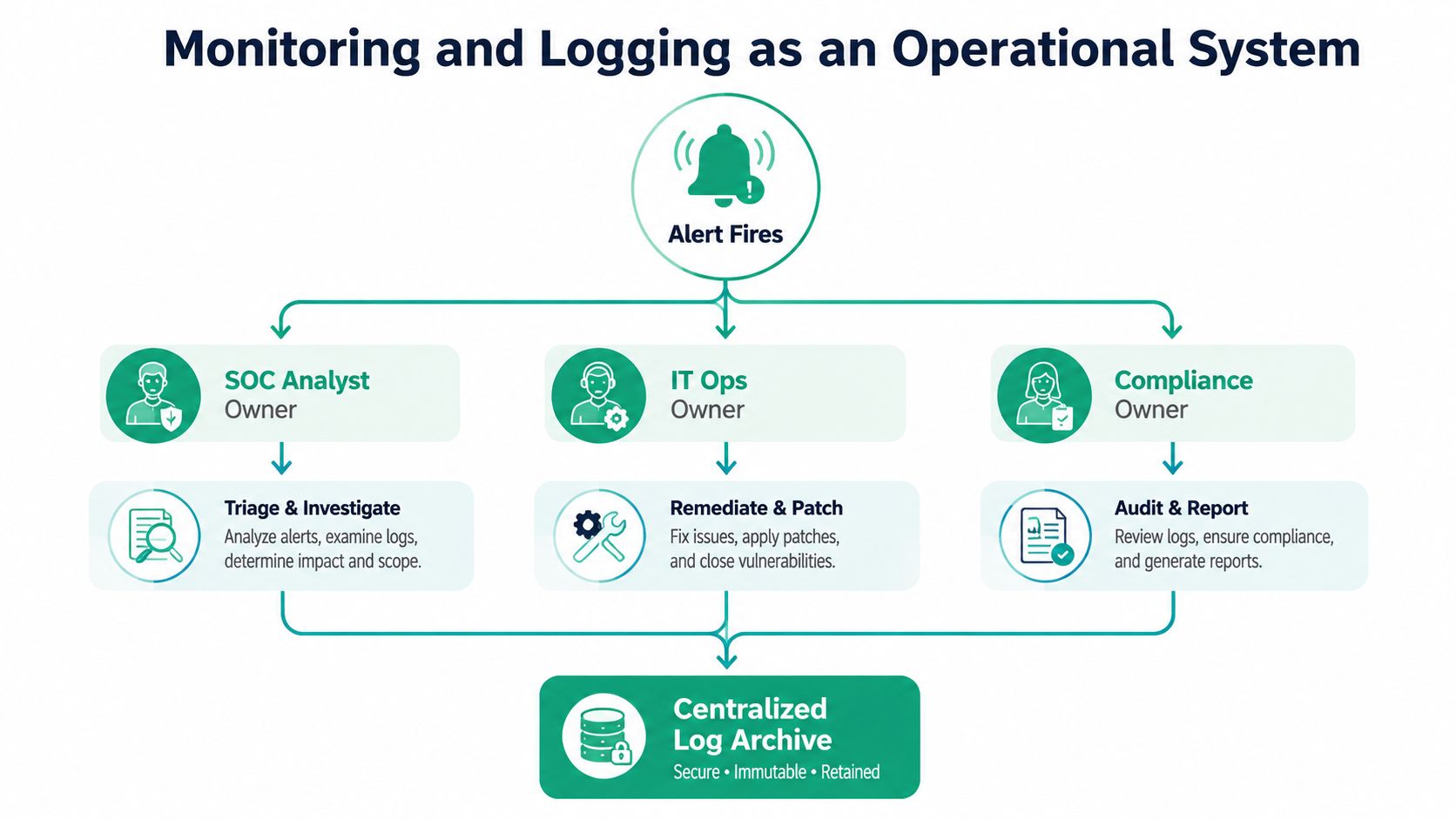 A diagram illustrating an operational system for monitoring and logging when an alert is triggered in IT.