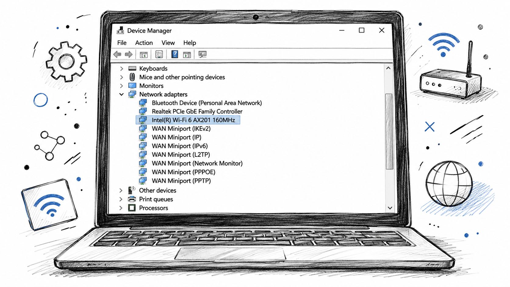 A digital sketch of an open laptop displaying the Windows Device Manager interface on its screen.