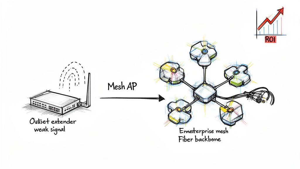 Upgrade from weak signal outlet extender to powerful enterprise mesh fiber backbone for enhanced Wi-Fi and ROI.