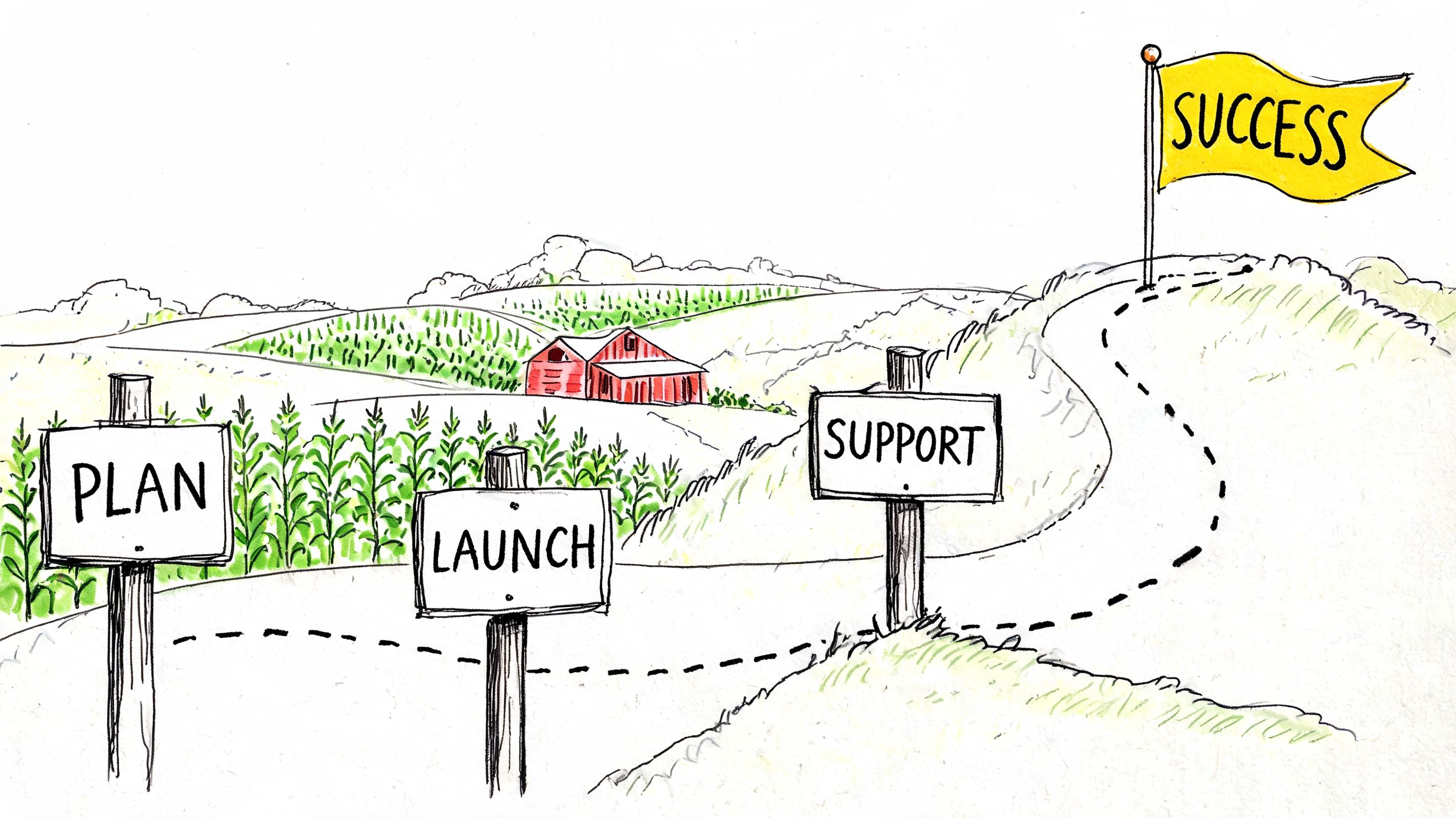 A hand-drawn illustration showing a winding path towards a success flag, passing signs labeled Plan, Launch, Support.