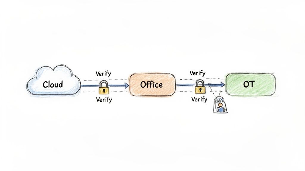 A network security diagram showing verified connections between Cloud, Office, and OT environments.