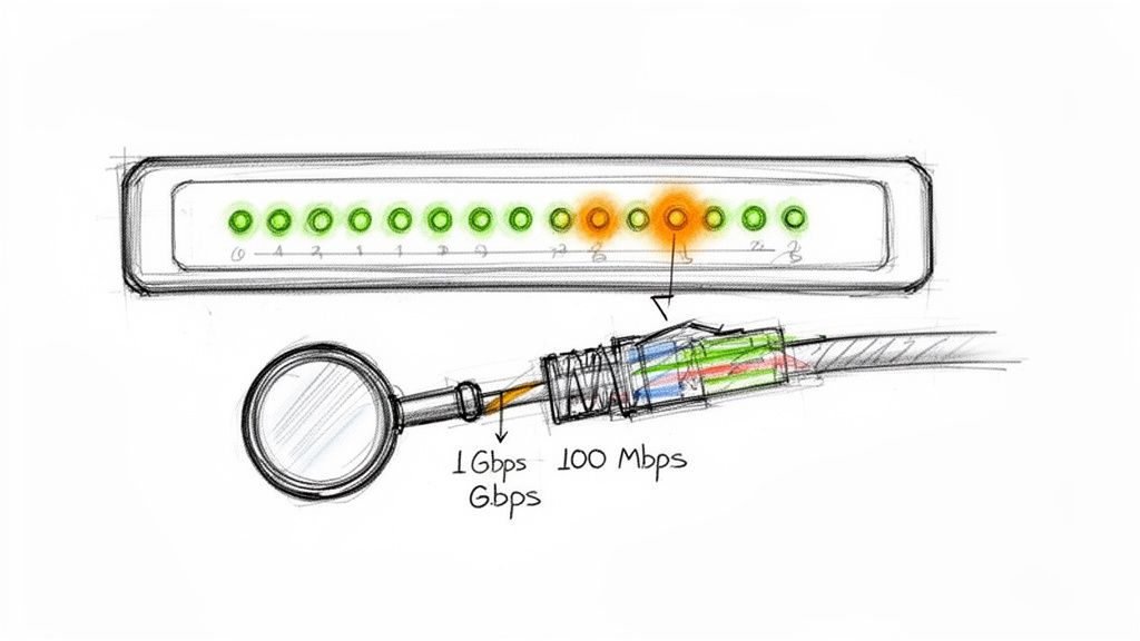 Illustration explaining network cable wiring and port indicator lights for 100 Mbps and 1 Gbps speeds.