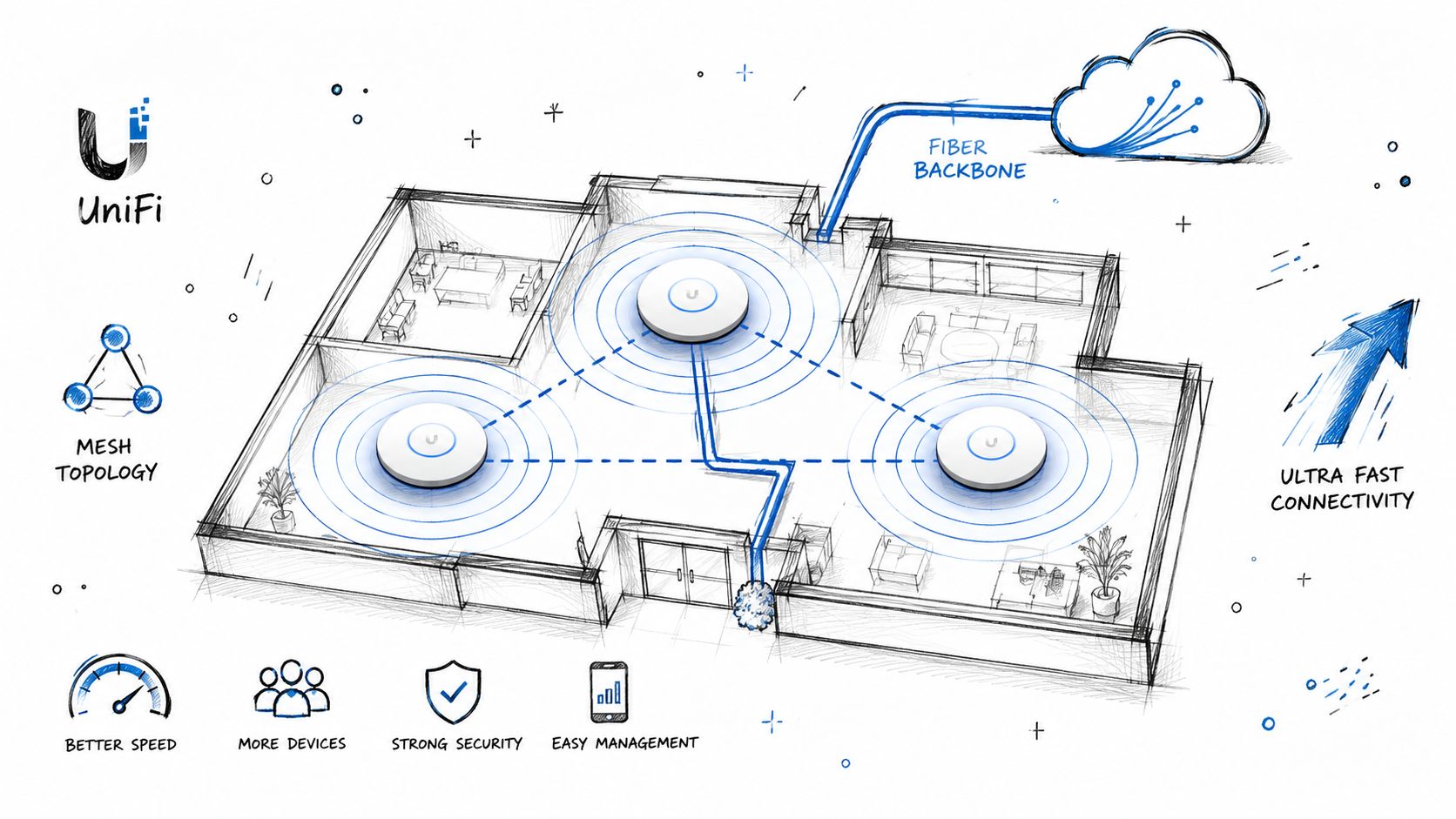 A diagram illustrating a UniFi mesh network system connecting smart devices throughout a modern office floor plan.