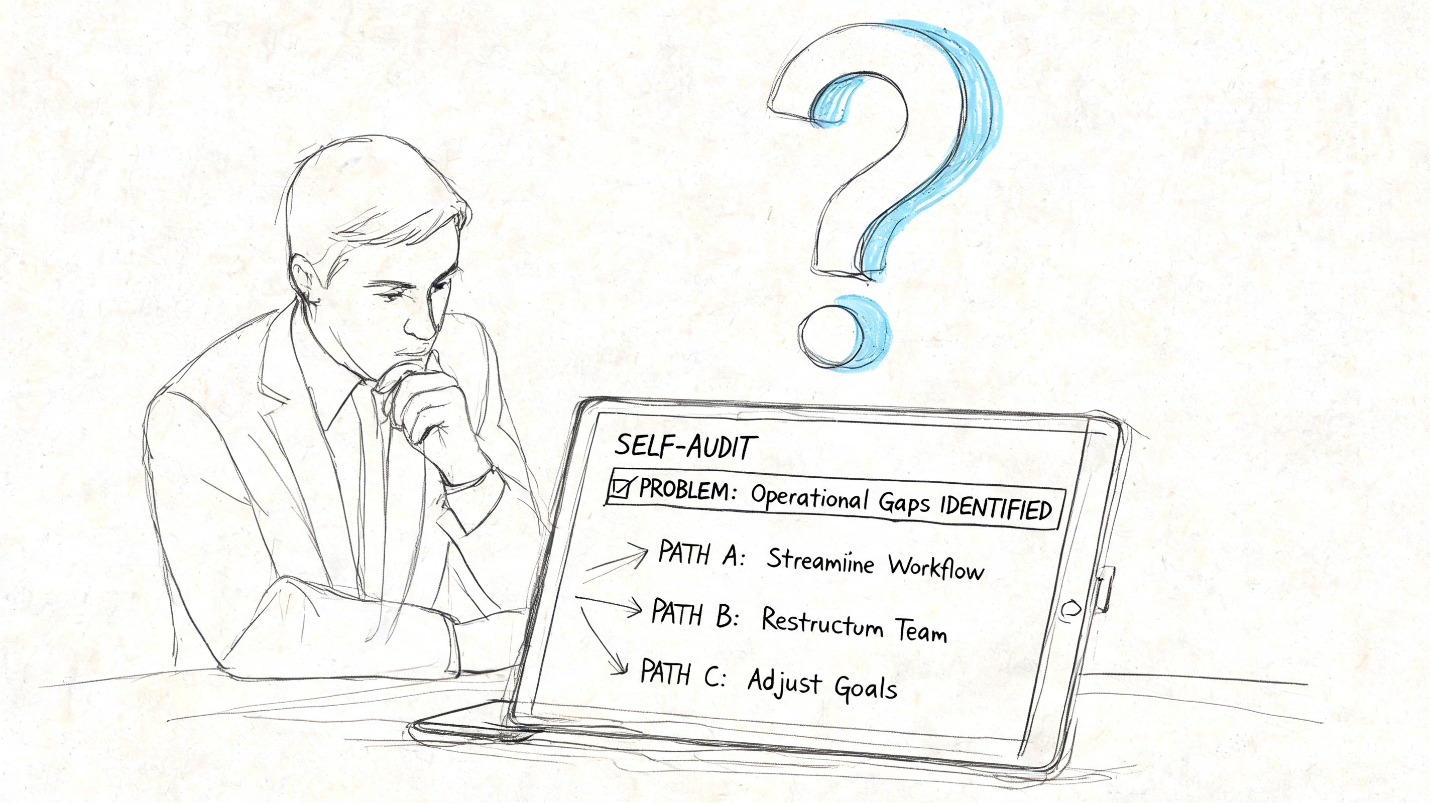 A professional man contemplates operational audit options displayed on a tablet screen with a large question mark above.