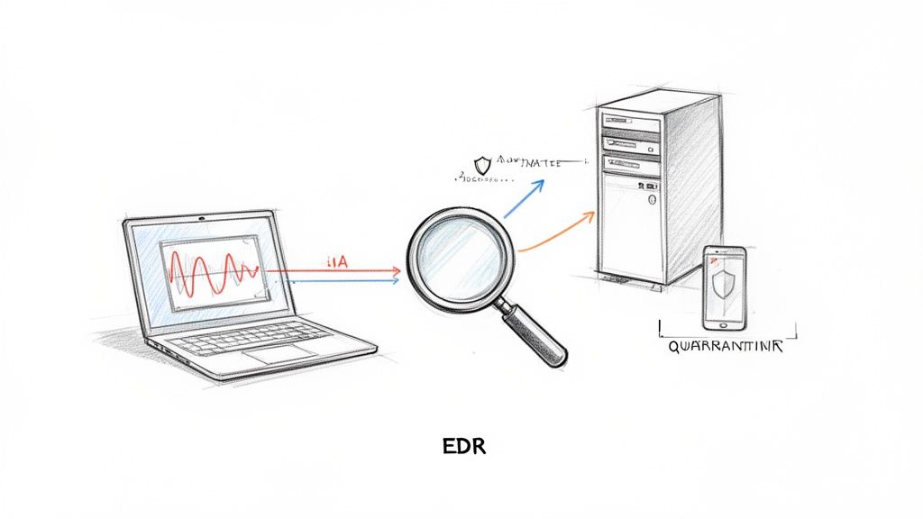 A diagram illustrating a cybersecurity workflow with a laptop, EDR magnifying glass, server, and smartphone for quarantine.