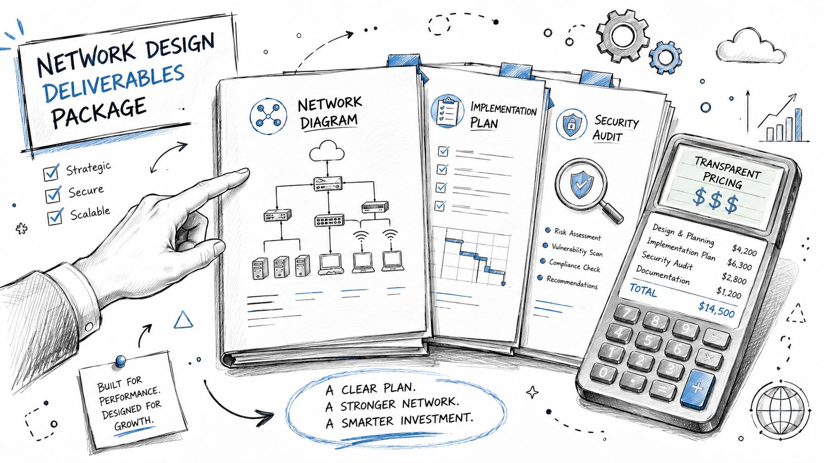 A professional business presentation showing network design documentation, implementation planning, security audits, and transparent pricing on a calculator.