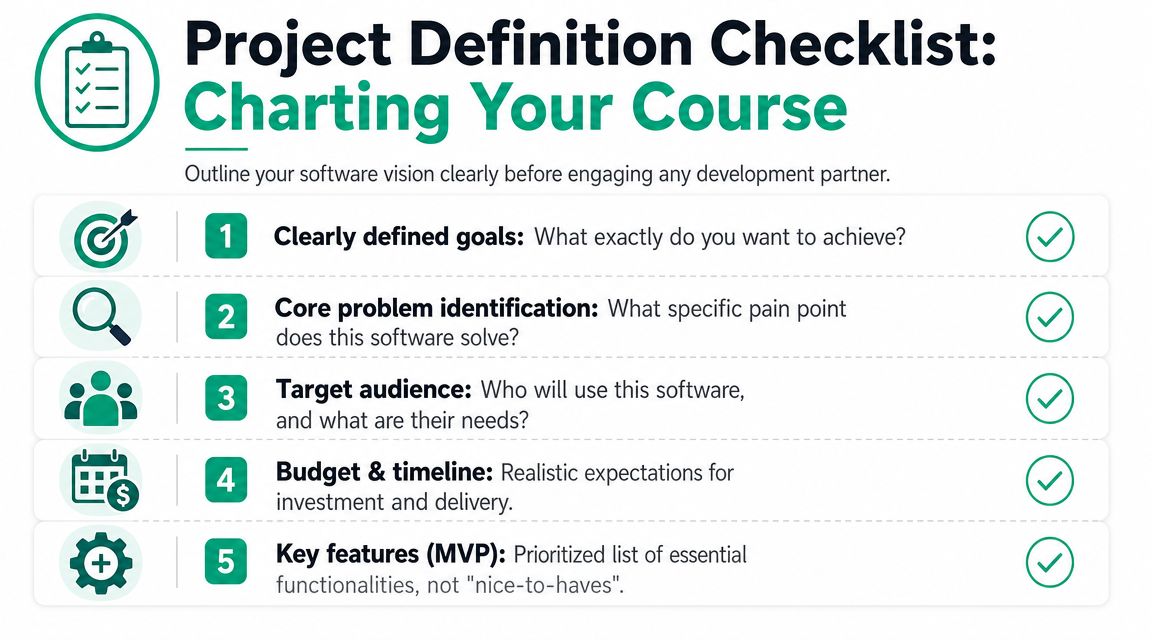 A checklist graphic titled Project Definition Checklist for outlining your software vision before hiring a development partner.
