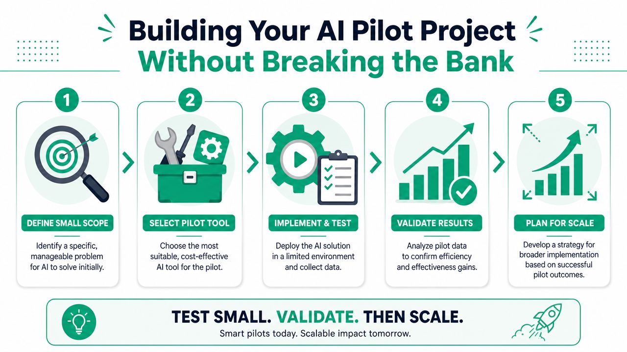 A five-step infographic guide on building a cost-effective AI pilot project for business process automation.