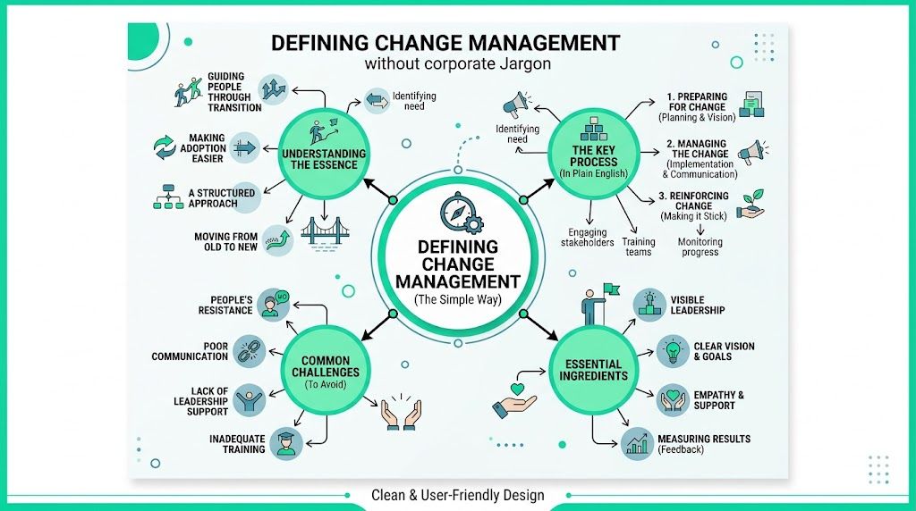 An infographic diagram outlining the definition, processes, and essential components of business change management.
