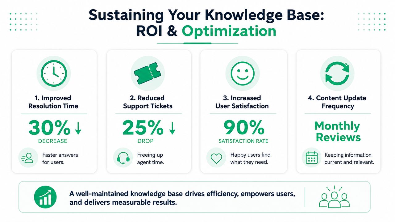 An infographic detailing the benefits of knowledge base maintenance including efficiency metrics and optimization strategies.