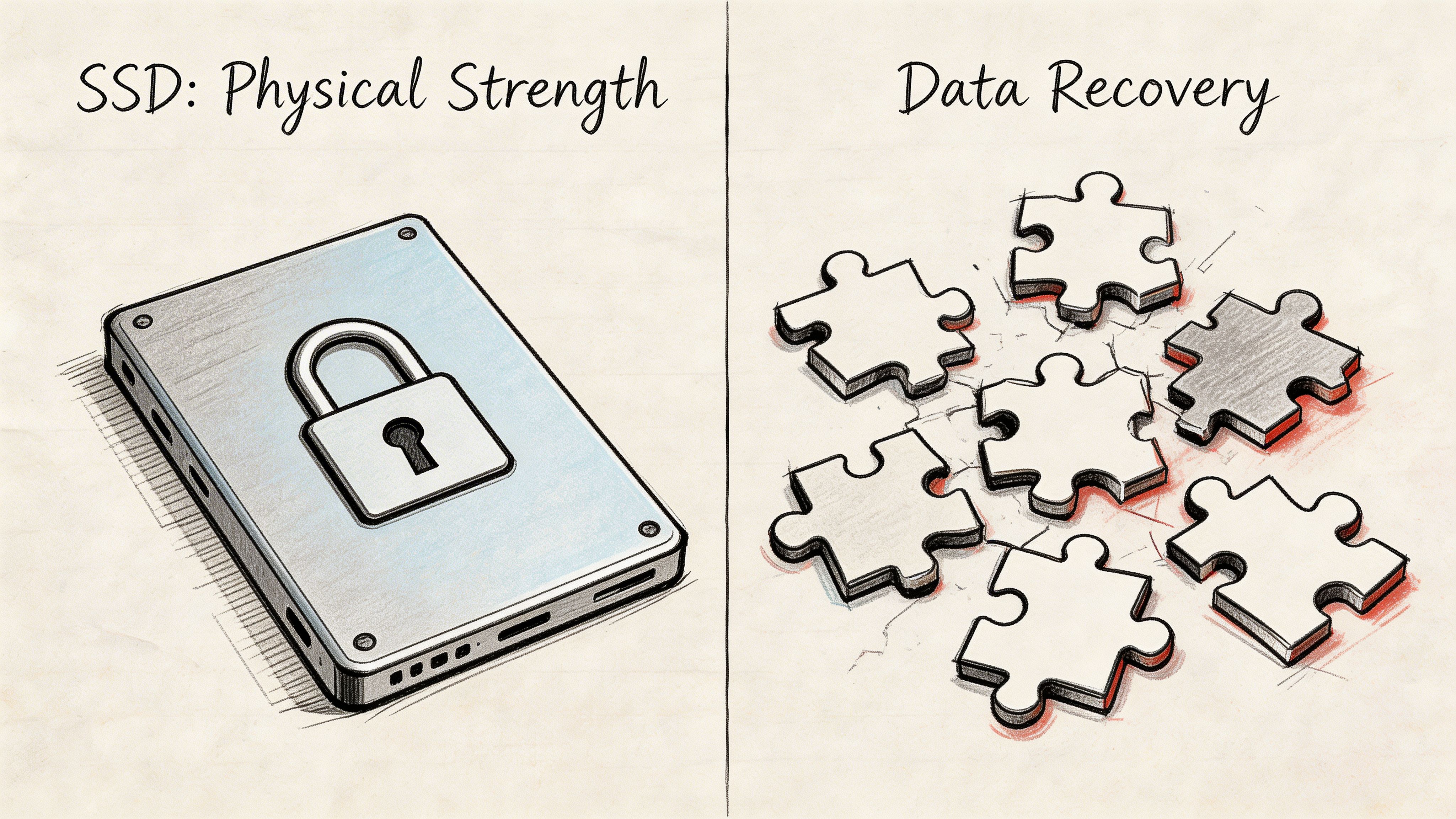 A split image illustration comparing the physical security of an SSD with the complex data recovery process.